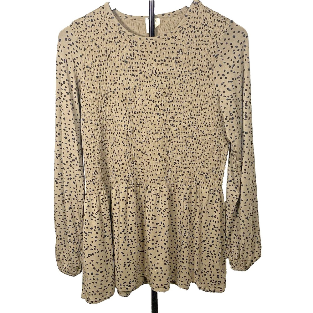 GOOD HART by Matilda Jane Smocked Long Sleeve Tunic Top Taupe Black M